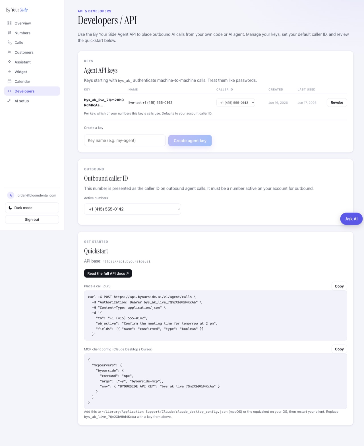 The Developers page in the account dashboard, where you mint API keys